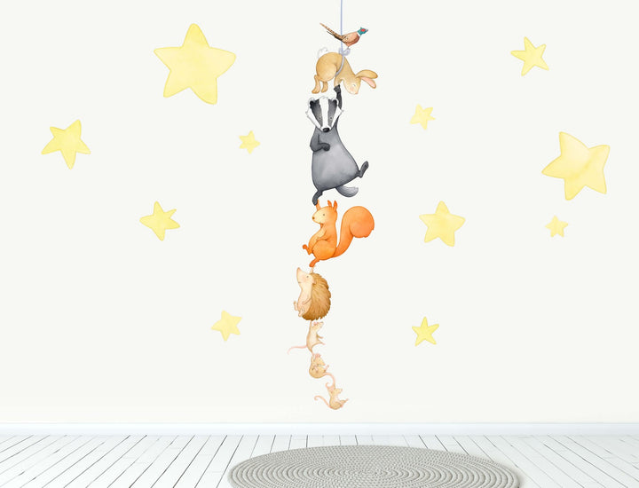 Woodland animals night time wall decals, large, soft yellow