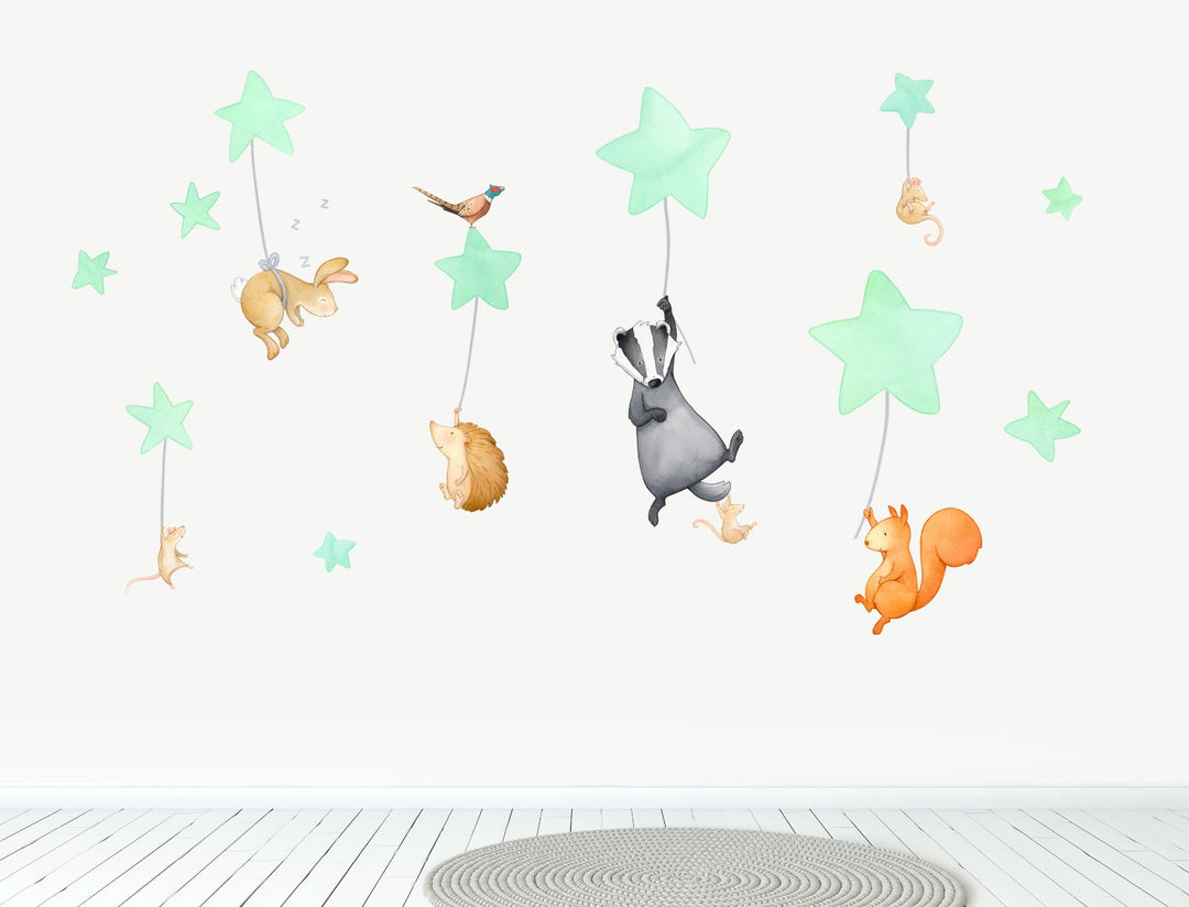 Woodland animals night time wall decals, large, mint