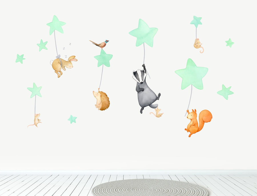 Woodland animals night time wall decals, large, mint