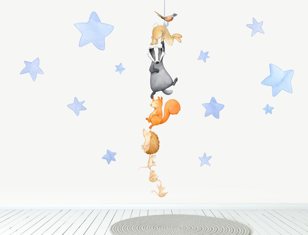 Woodland animals night time fabric wall stickers, large, light blue