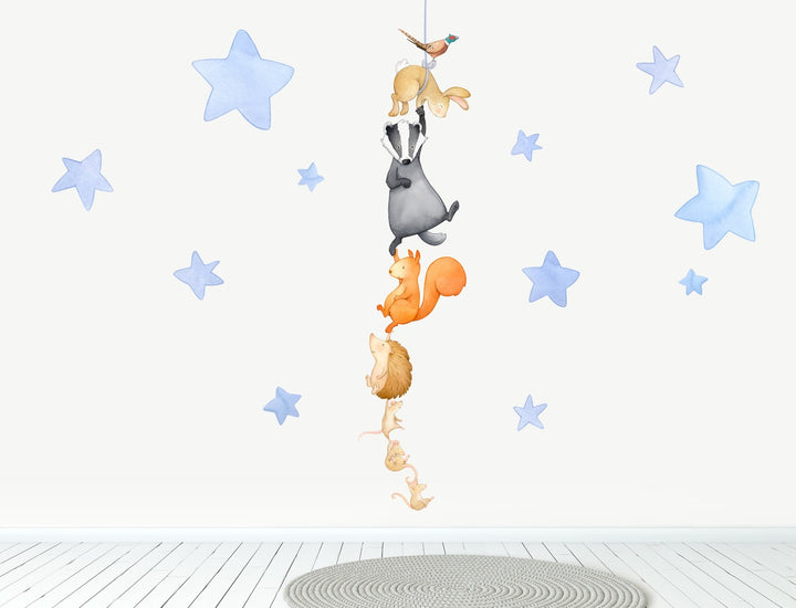 Woodland animals night time fabric wall stickers, large, light blue