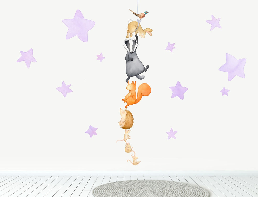 Woodland animals night time wall stickers, large, lilac