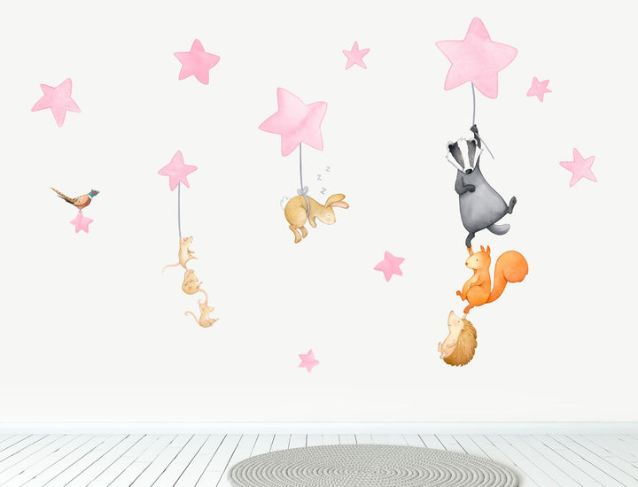 Light Pink Woodland animals night time wall decals, large