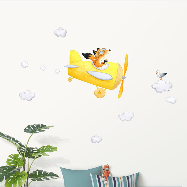 Fox in Yellow Airplane fabric wall decals for children