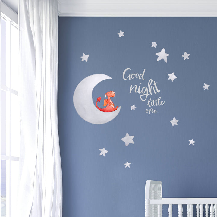 dragon moon with script lettering saying good night little one